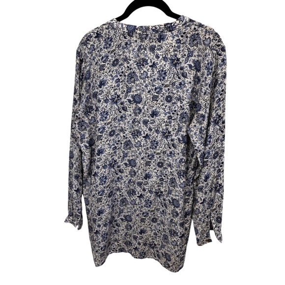 Zara Roll Tab Long Sleeve Blue White Floral Silk Blend Tunic Top Size Medium - Picture 4 of 4